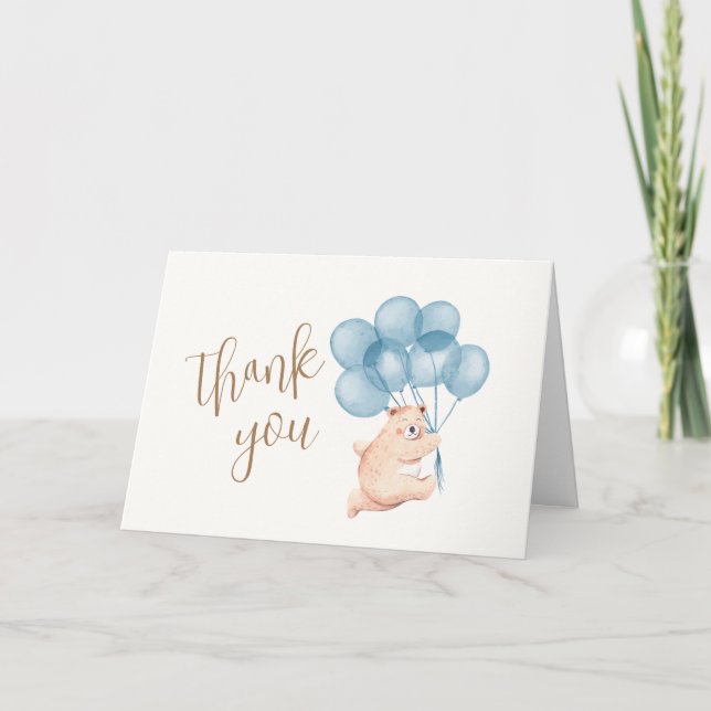 Carte De Remerciements Bleu Aquarelle Balloon Happy Baby shower Ours (Devant)