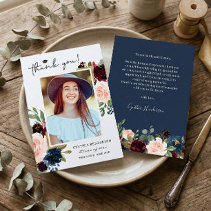 Carte De Remerciements Bleu bleu marine Floral Graduation Photo