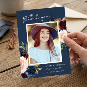 Carte De Remerciements Bleu Bourgogne Rouge Blush Floral Graduation Photo
