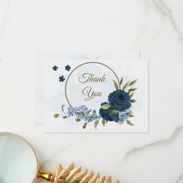 Carte De Remerciements bleu clair bleu marine bleu fleurs mariage botaniq (Devant/Arrière en situation)