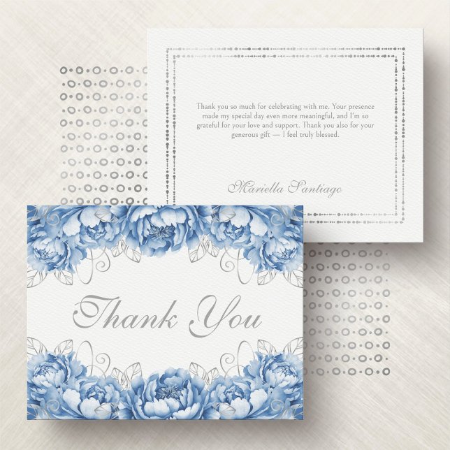 Carte De Remerciements Bleu clair Élégant Quinceanera Floral (Créateur téléchargé)