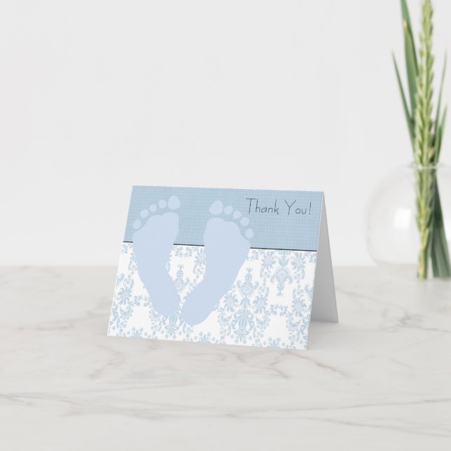 Carte De Remerciements Bleu Damassé Pieds de Bébé Bleus Remerciement de B (Devant)