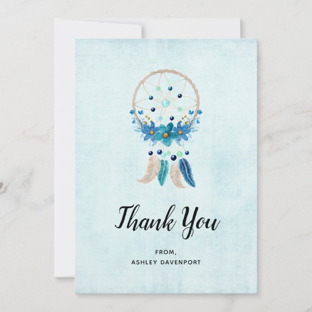Carte De Remerciements Bleu Dreamcatcher avec Fleurs & Plumes (Devant)