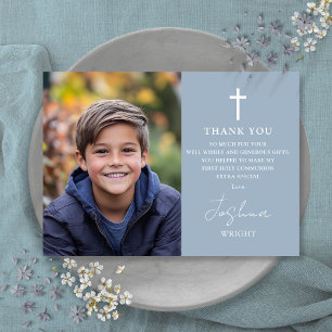 Carte De Remerciements Bleu Dusty Script Photo Première Sainte Communion