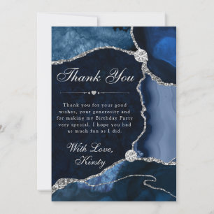 Carte De Remerciements Bleu et Argent Faux Paillettes Anniversaire Agate