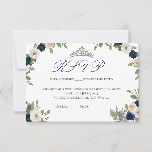 Carte De Remerciements Bleu et argent Tiara Floral Quinceañera RSVP (Devant)