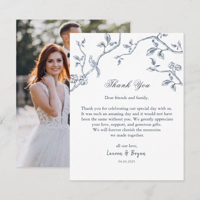 Carte De Remerciements Bleu et blanc Toile Mariage plat (Devant / Derrière)