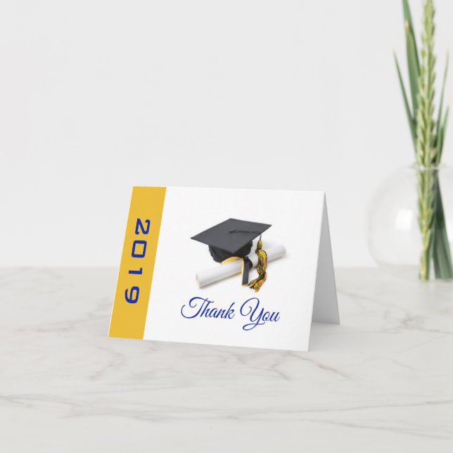 Carte De Remerciements Bleu et Jaune et Casquette de graduation et Tassel (Devant)