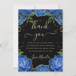 Carte De Remerciements Bleu et or Rose Floral Anniversaire