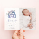 Carte De Remerciements Bleu et pourpre | Photo Baby shower arc-en-ciel<br><div class="desc">Ces adorables cartes de remerciement de baby shower présentent un style boho et un script manuscrit tendance. Un arc-en-ciel bleu poussiéreux et violet joli peint est décoré de fleurs d'aquarelle assorties sur un simple arrière - plan blanc. Ajoutez la photo de votre bébé pour compléter le design. Cette belle carte...</div>