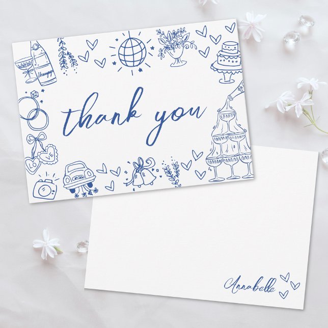 Carte De Remerciements Bleu Fantaisiste Dessiné à la Main (Hand Drawn Blue Whimsical Thank You Card)