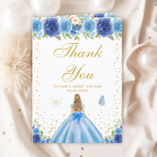 Carte De Remerciements Bleu Floral Blonde cheveux fille Sweet sixteen
