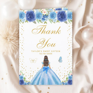 Carte De Remerciements Bleu Floral Brunette Cheveux fille Sweet sixteen