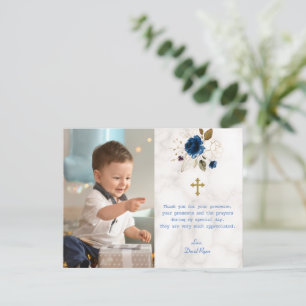 Carte De Remerciements Bleu floral marbre photo Boy Gold Cross Baptême