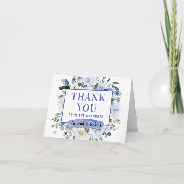 Carte De Remerciements Bleu Floral Rose Graduation (Devant)
