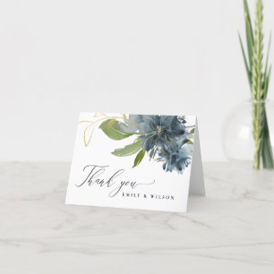 Carte De Remerciements BLEU Foncé OR VERT FLEUR WATERCOLOR MARIAGE