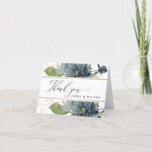 CARTE DE REMERCIEMENTS BLEU FONCÉ OR VERT FLORAL AQUARELLE MARIAGE