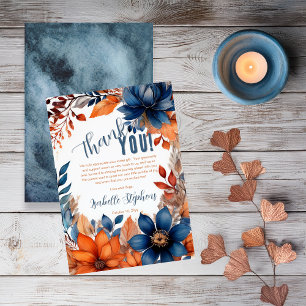 Carte De Remerciements Bleu Garçon Terracotta Fleur Automne Baby Shower