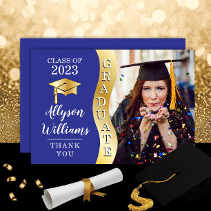 Carte De Remerciements Bleu Gold Graduate Wave Grad Casquette photo