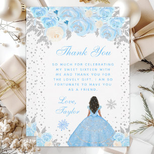Carte De Remerciements Bleu hiver Peau foncée Princesse Sweet sixteen