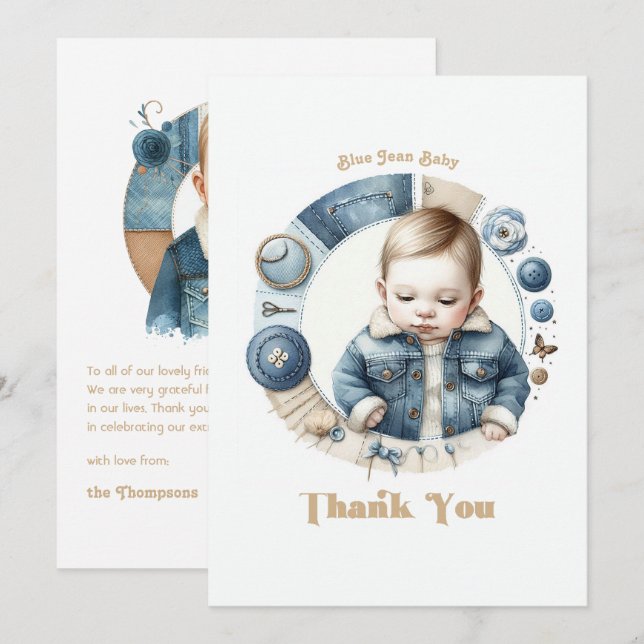 Carte De Remerciements Bleu Jean Bébé Denim Rustique (Devant / Derrière)