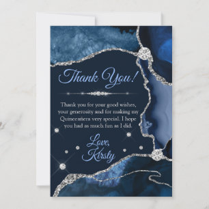 Carte De Remerciements Bleu marine et argent faux agate pailleté Quinceañ
