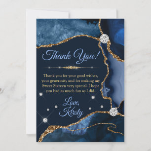 Carte De Remerciements Bleu marine et or faux paillettes agate Sweet 16