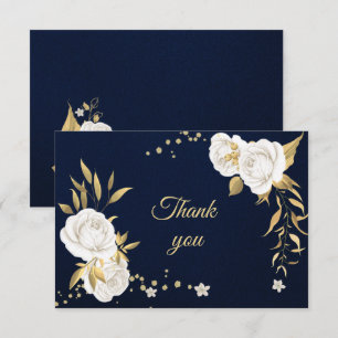 Carte De Remerciements bleu marine floral or blanc