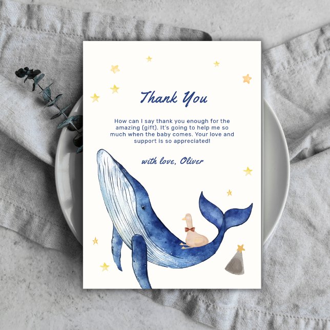 Carte De Remerciements Bleu mignon Whimsical Canard étoiles Baby shower b (Blue Cute Whimsical Duck Stars Whale Baby Shower Thank You Card)