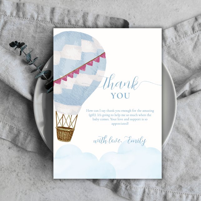Carte De Remerciements Bleu moderne Boho Hot Air Baby shower (Blue Modern Boho Hot Air Balloon Baby Shower Thank You Card)