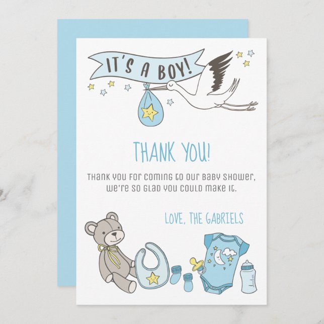 Carte De Remerciements Bleu personnalisable C'est un Baby shower Bo (Devant / Derrière)