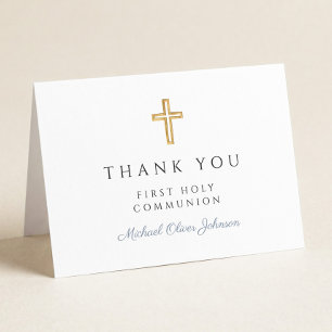 Carte De Remerciements Bleu Poussiéreux Elégant Garçon Script Première Co