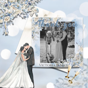 Carte De Remerciements Bleu Poussiéreux Fleurs Photo Aquarelle Mariage 