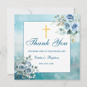 Carte De Remerciements Bleu Poussiéreux Floral Baptême Garçon Religieux