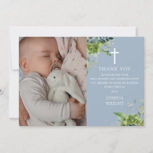 Carte De Remerciements Bleu Poussiéreux Photo de verdure Baptême