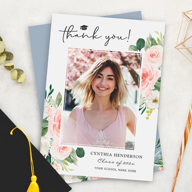 Carte De Remerciements Bleu poussiéreux rose rose floral photo de graduat (Créateur téléchargé)