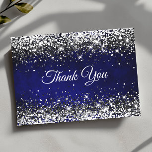 Carte De Remerciements Bleu royal élégant argenté faux paillettes