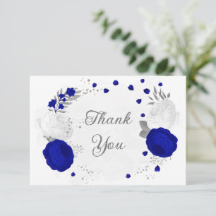 Carte De Remerciements bleu royal et fleurs blanches argent mariage botan