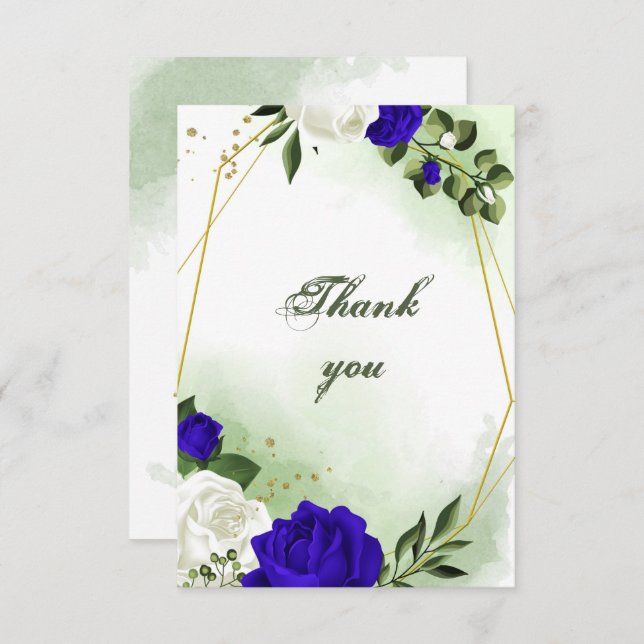 Carte De Remerciements bleu royal et fleurs blanches verdure or géométriq (Devant / Derrière)