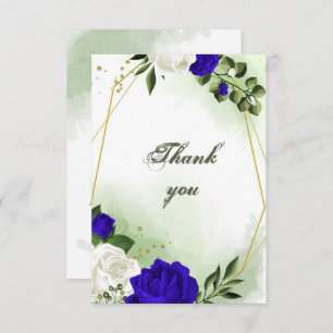 Carte De Remerciements bleu royal et fleurs blanches verdure or géométriq