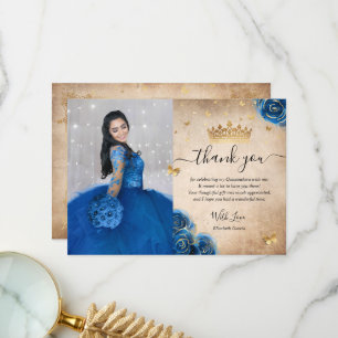 Carte De Remerciements Bleu Royal et Or Quinceañera Photo Anniversaire