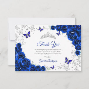 Carte De Remerciements Bleu Royal Fleurs Argent Quinceanera