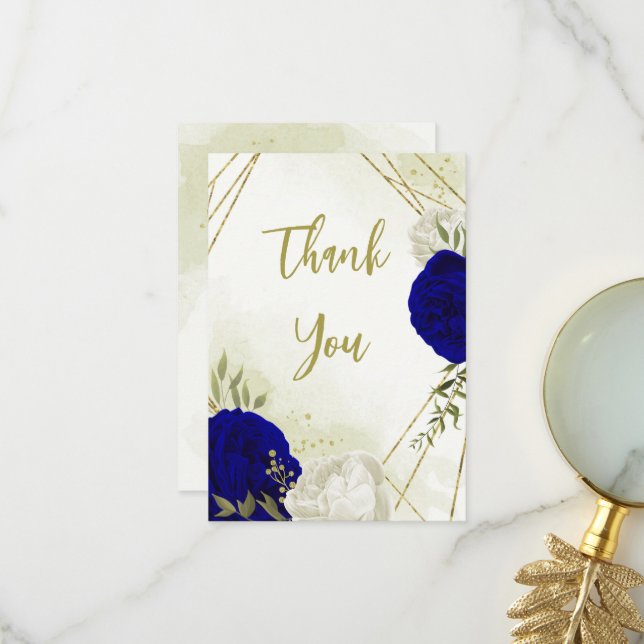 Carte De Remerciements bleu royal fleurs blanches vert feuilles (Devant/Arrière en situation)
