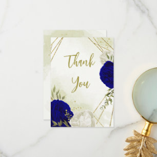 Carte De Remerciements bleu royal fleurs blanches vert feuilles