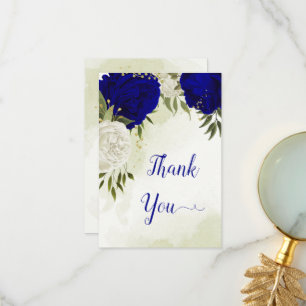 Carte De Remerciements bleu royal fleurs blanches vert feuilles