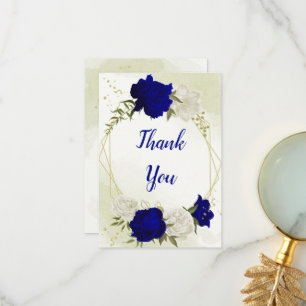 Carte De Remerciements bleu royal fleurs blanches vert feuilles