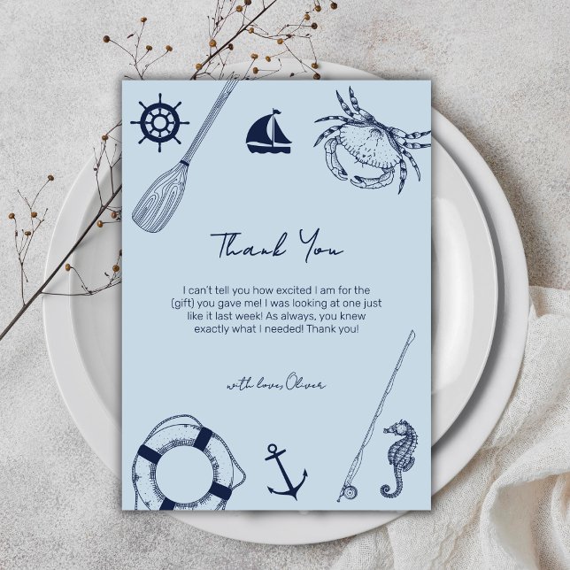 Carte De Remerciements Bleu Simple élégant Baby shower de garçon de pêche (Blue Simple Elegant Fishing Boy Baby Shower Thank You Card)