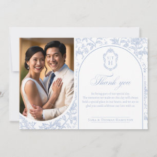Carte De Remerciements Bleu Tendre Floral Chinoisérie Monogramme Mariage
