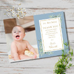 Carte De Remerciements Bleu Vert 1er Anniversaire Photo<br><div class="desc">Photo moderne 1er anniversaire merci avec des feuilles de verdure boisée sur un arrière - plan bleu. Personnalisez avec votre photo et message de remerciement spécial anniversaire en typographie or chic. Une façon parfaite de dire merci ! Conçu par Thisisnotme©</div>