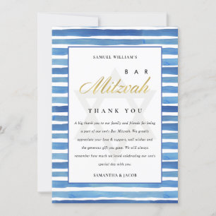 CARTE DE REMERCIEMENTS BLEUE DE COULEUR D'EAU INDIGO BLEU BAT BAR MITZVAH